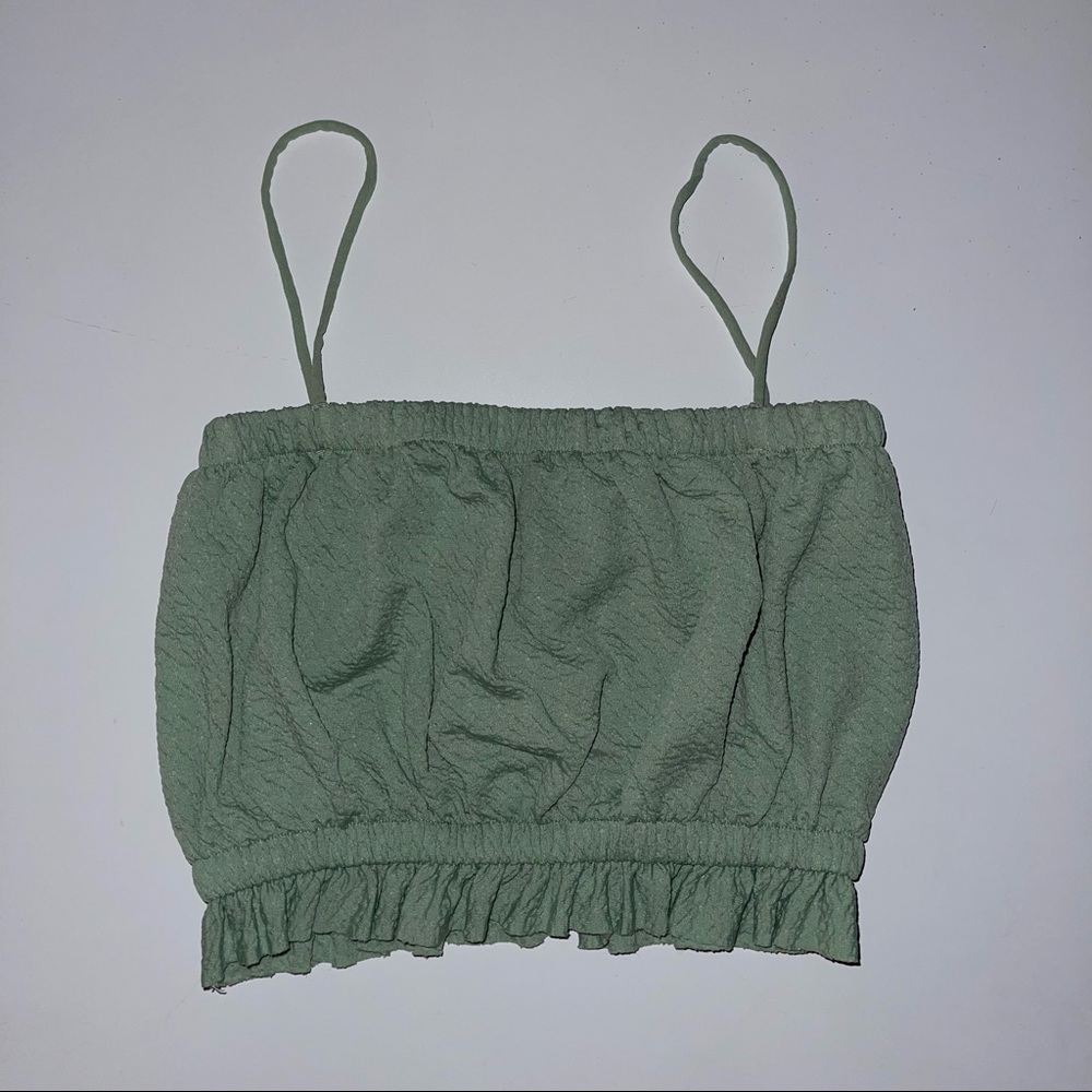 Green Ruffle Trim Crop Top